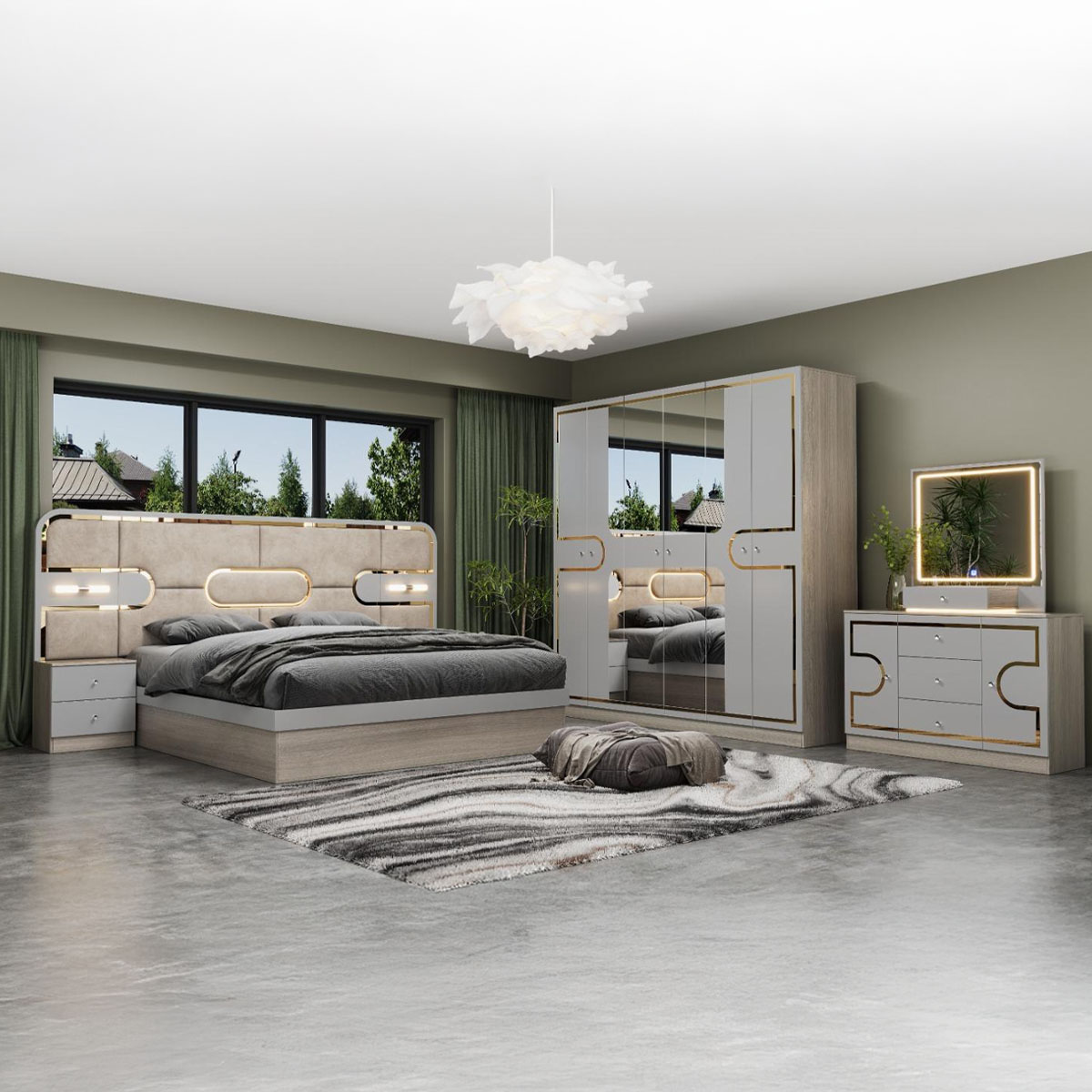 Bedroom Set-180x200cm (Bed + 1x6Doors Wardrobe + 2xNight Stand + Dressing Table With Stool)