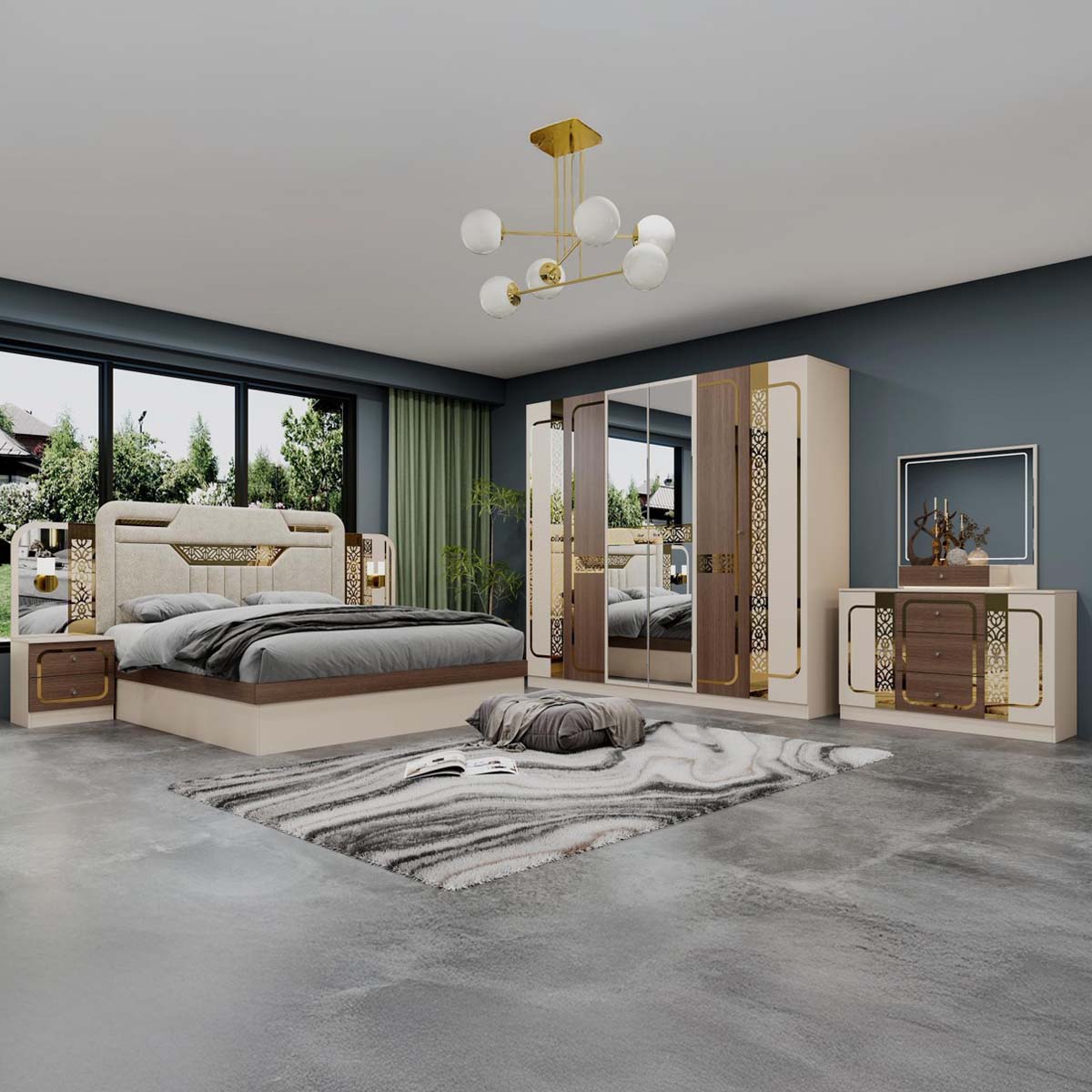 Bedroom Set-180x200cm (Bed + 1x6Doors Wardrobe + 2xNight Stand + Dressing Table With Stool)