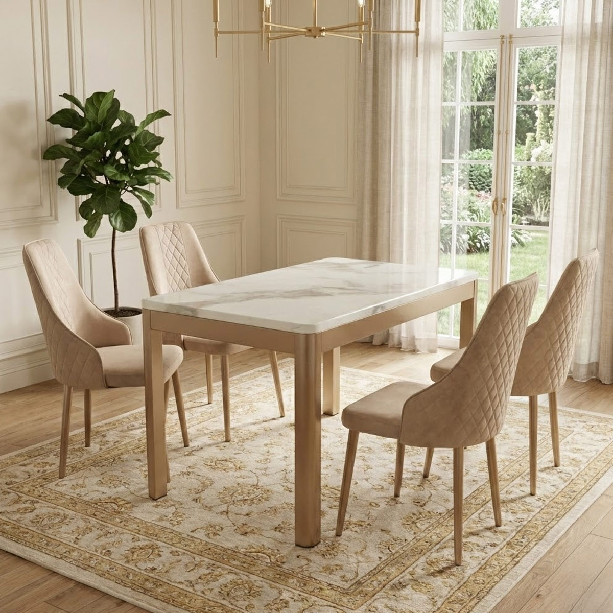 Glass Rectangular Dining Table Set Marble Top (1 Table, 4 Chairs)