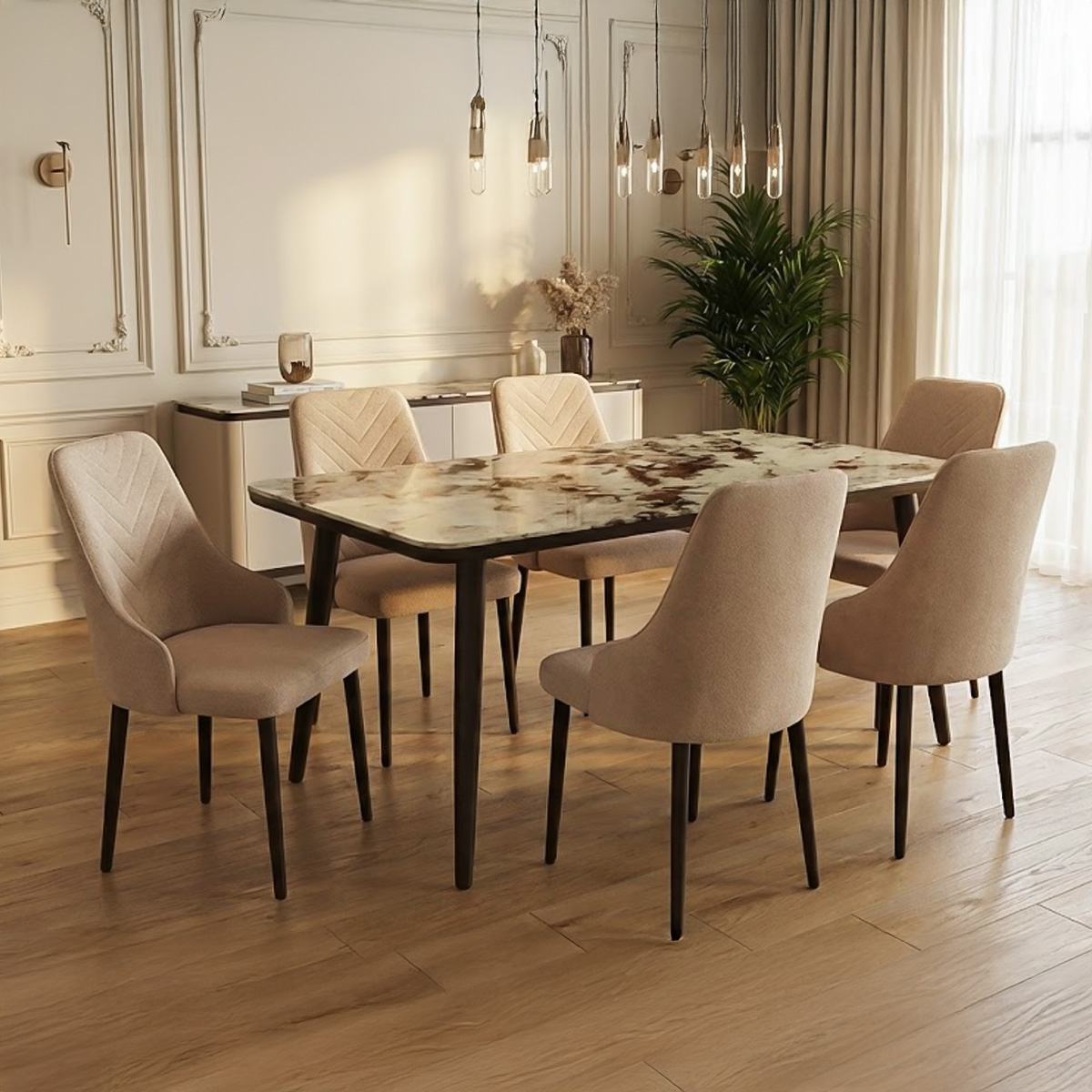 Glass Dining Table Set (1 Table, 6 Chairs) Grey Black