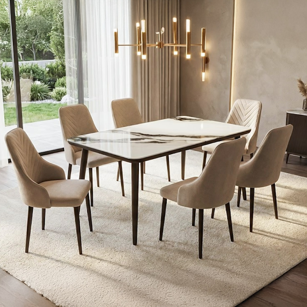 Glass Dining Table Set (1 Table, 6 Chairs) Light Grey Black