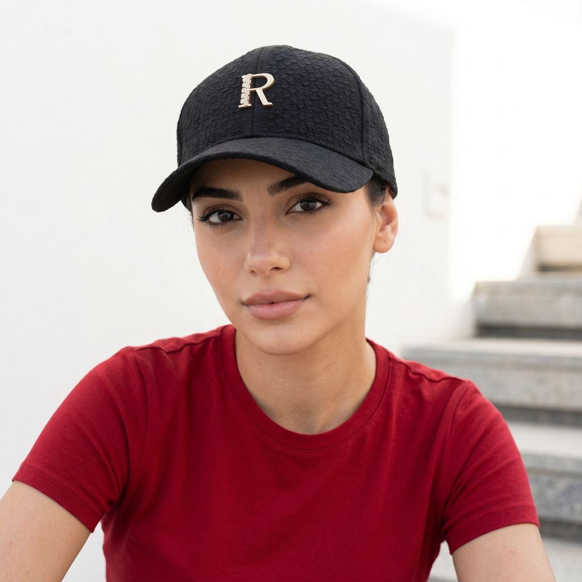 Ladies Textured Sports Cap with Crystal "R" Black-Black