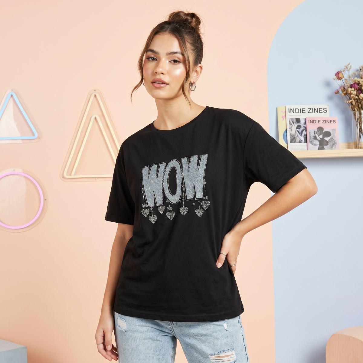 Ladies Graphic Print T-shirt-Black