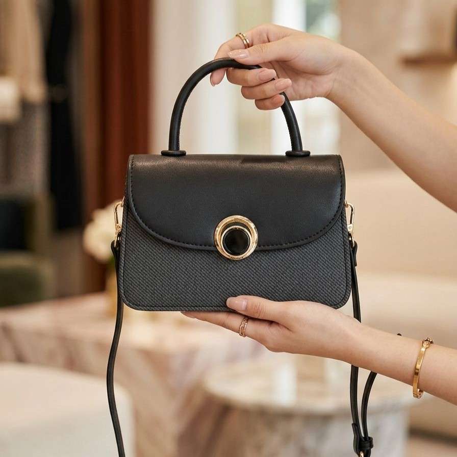 Ladies Crossbody Bag Beige and Black-Black