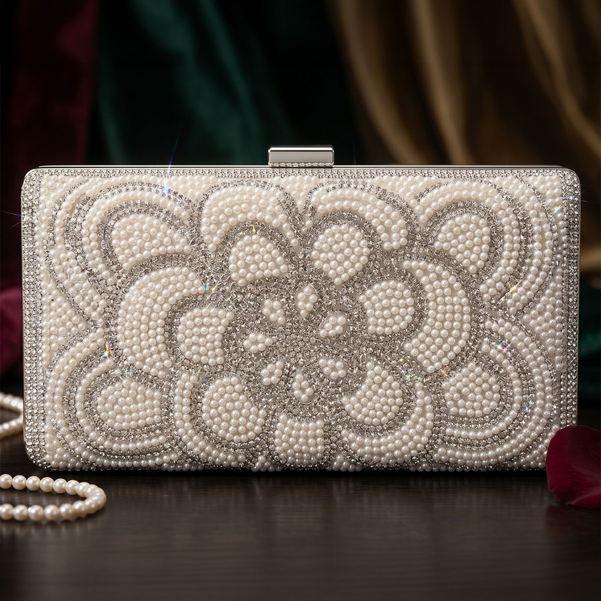 Ladies Clutch Bag Beaded Floral Design-Beige