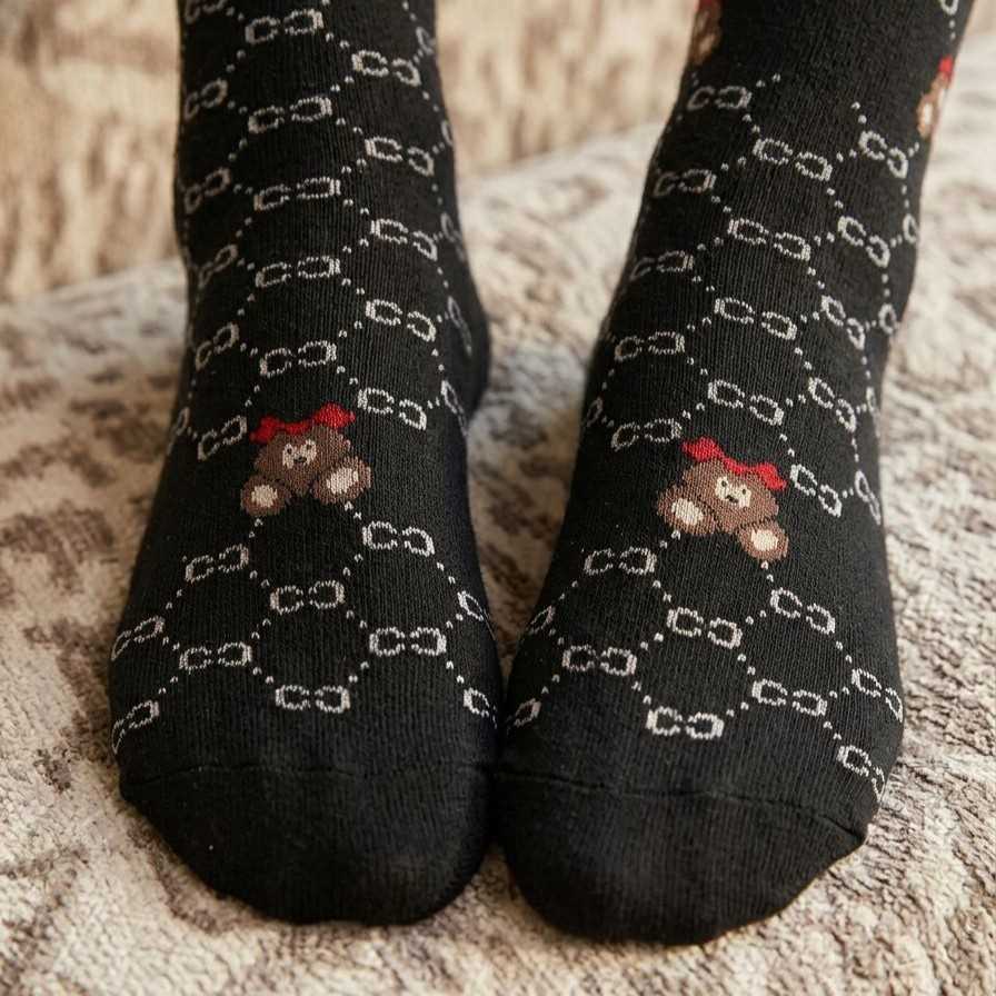 Ladies Socks Bear Pattern Black and Beige-Black