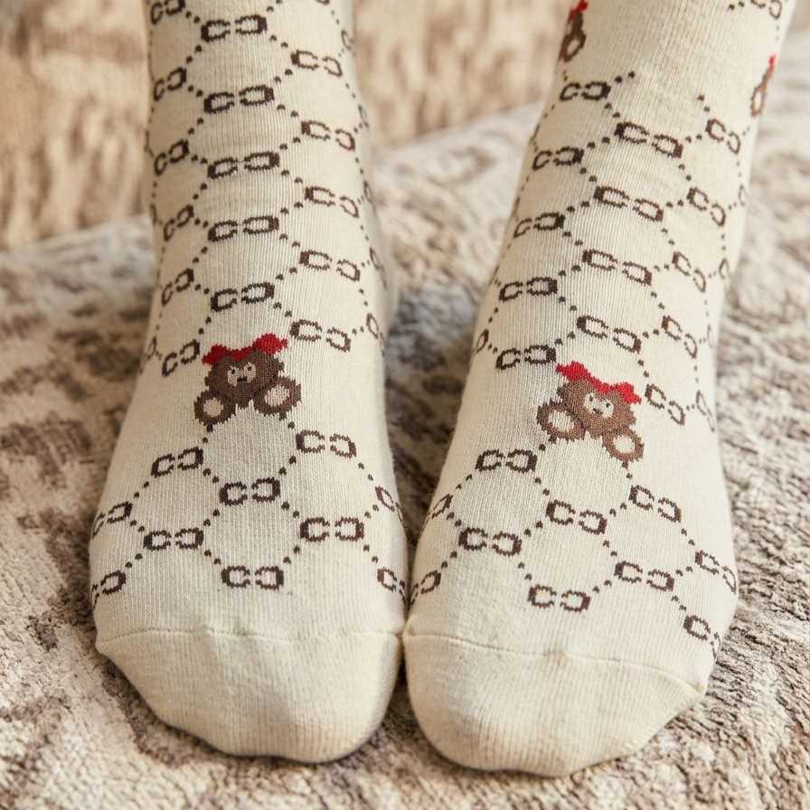 Ladies Socks Bear Pattern Black and Beige-Beige