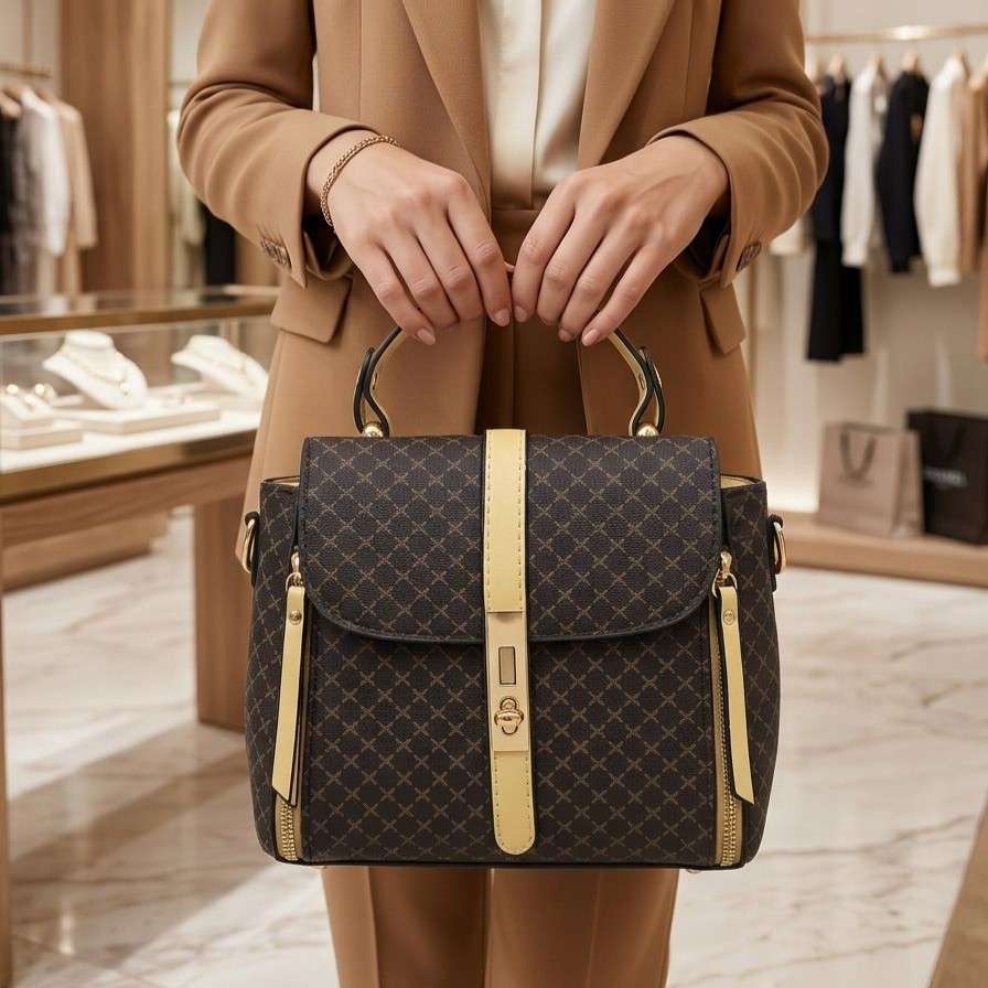 Ladies Satchel Bag Brown/Beige-Beige Brown