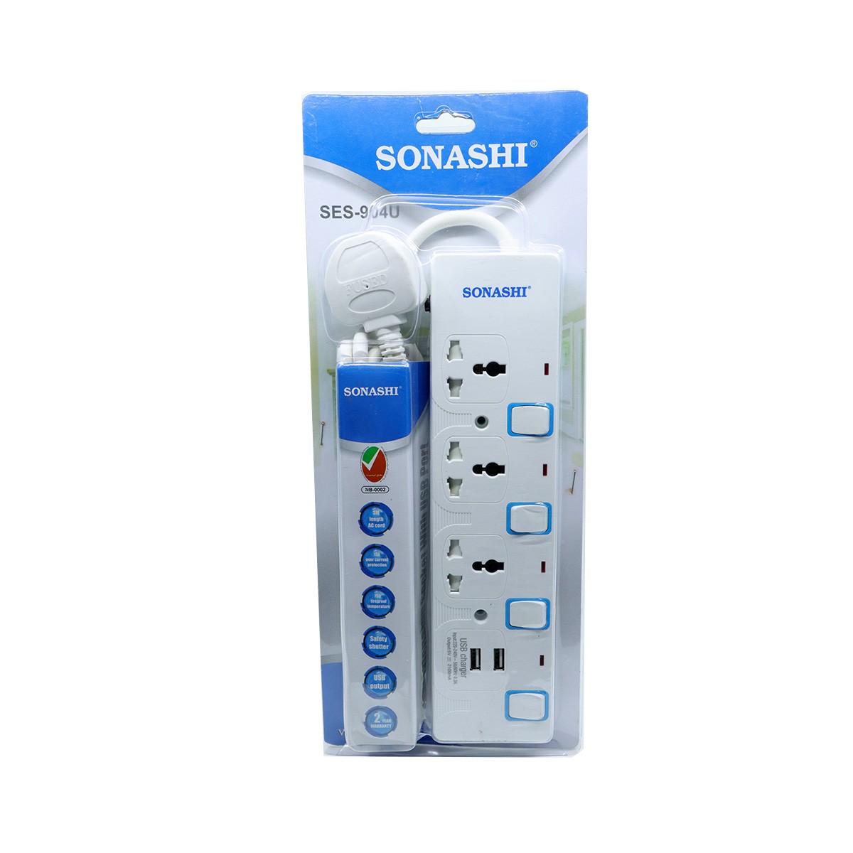 Sonashi 3 Way Extension Socket With USB Port 3M - White - SES-904U