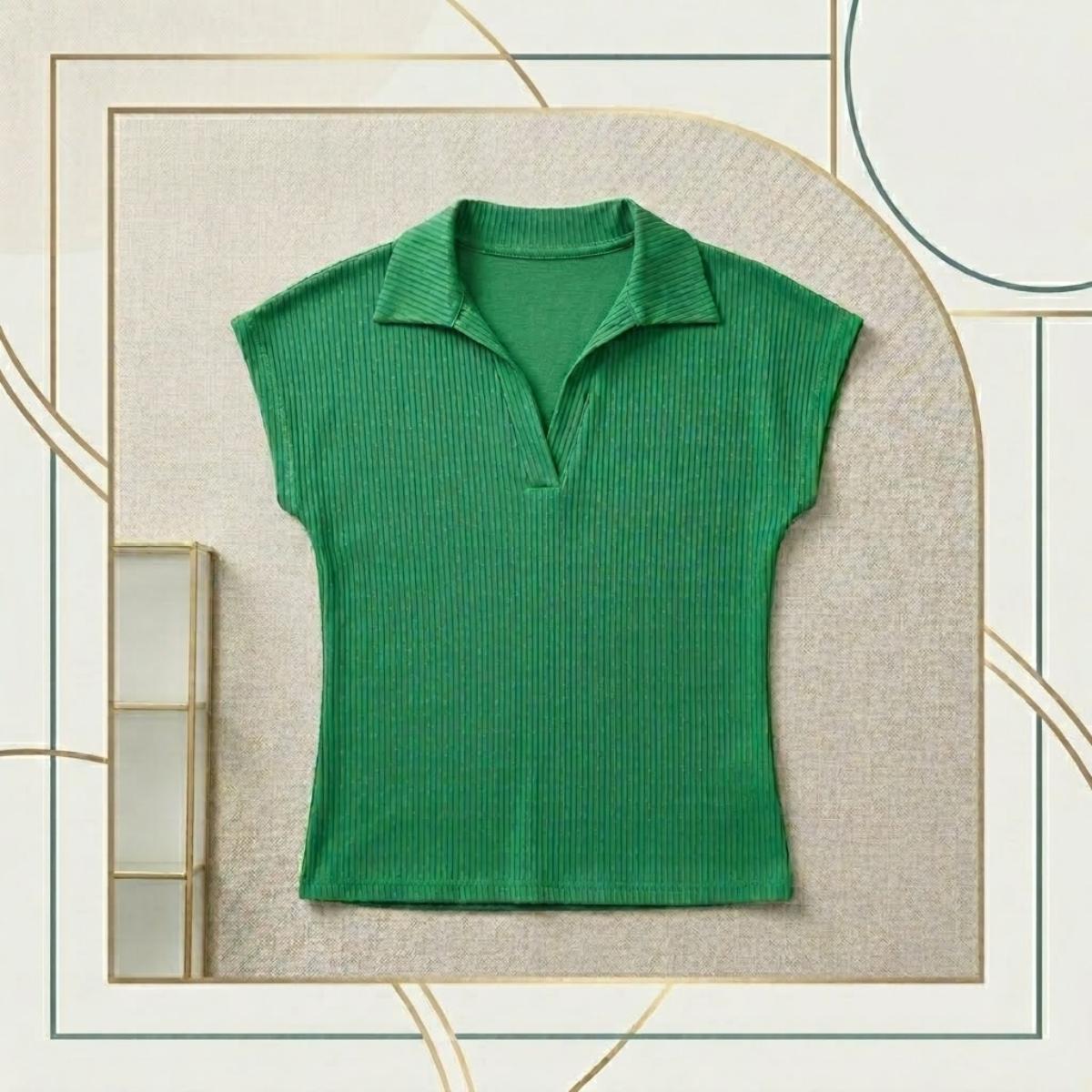 Ladies Ribbed Short Sleeve Polo T-shirt-Green