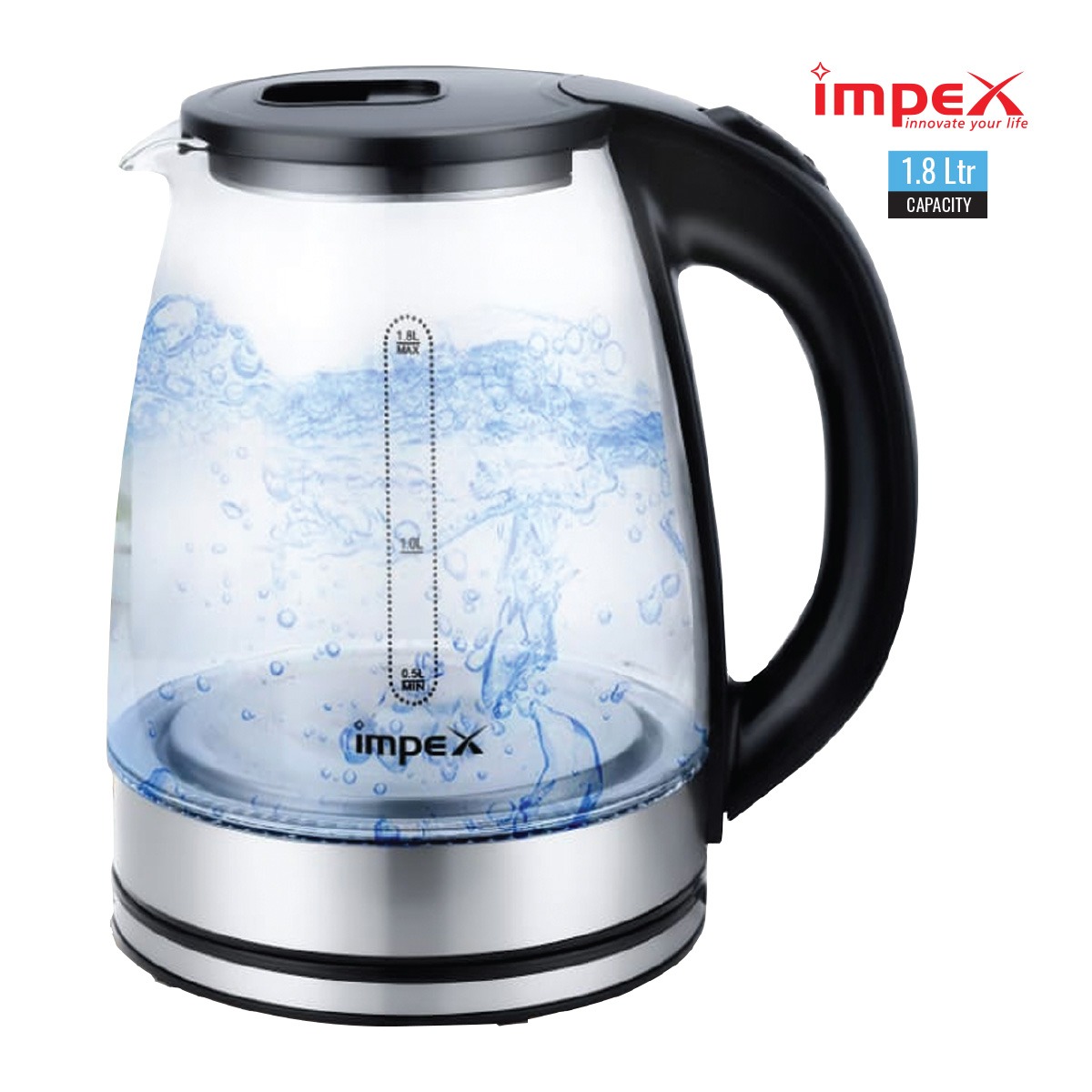 Impex Electric Glass Kettle 1.8 Liter, 1500 Watts - Steamer 1805